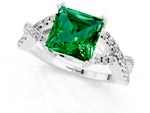 Princess Cut Emerald Solitaire Ring in Platinum with Interwoven Pavé Band and Prong Setting_7