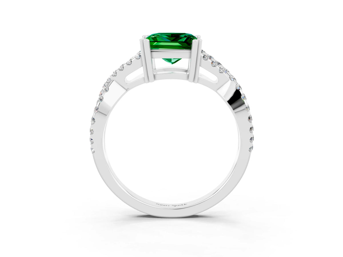 Princess Cut Emerald Solitaire Ring in White gold with Interwoven Pavé Band and Prong Setting_3