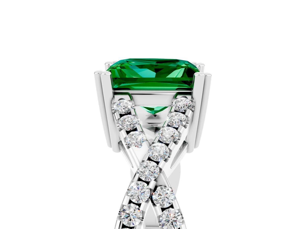 Princess Cut Emerald Solitaire Ring in White gold with Interwoven Pavé Band and Prong Setting_5