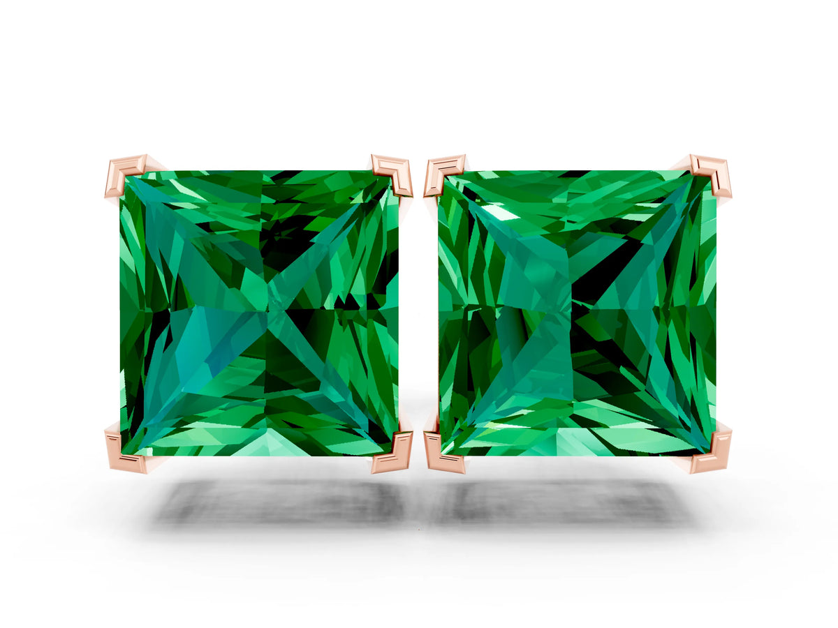Princess Cut Emerald Stud Earrings in Rose gold with Basket Setting