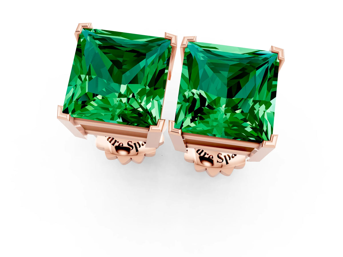 Princess Cut Emerald Stud Earrings in Rose gold with Basket Setting_1