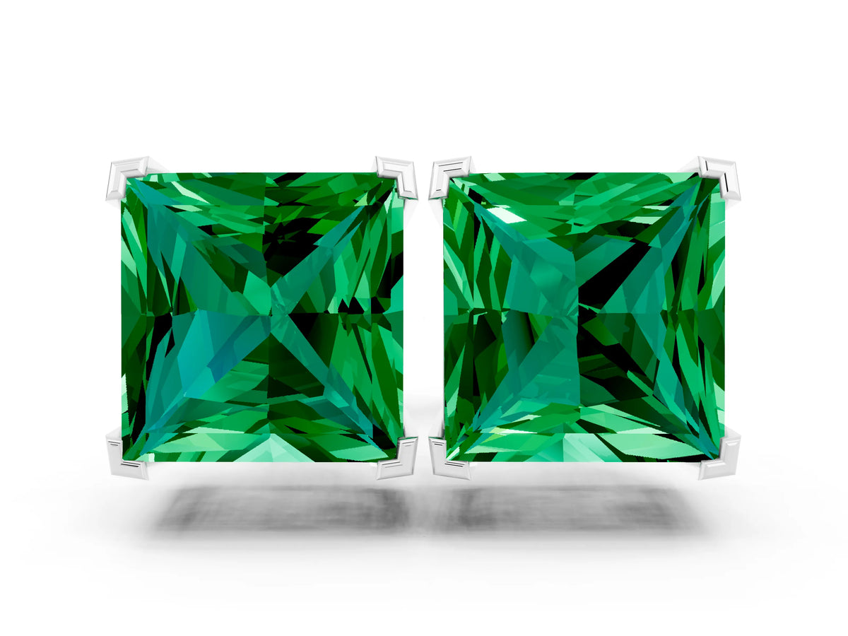 Princess Cut Emerald Stud Earrings in White gold with Basket Setting