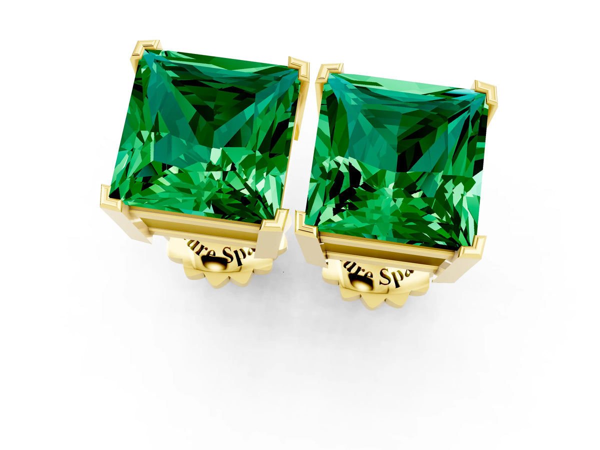 Princess Cut Emerald Stud Earrings in Yellow gold with Basket Setting_1