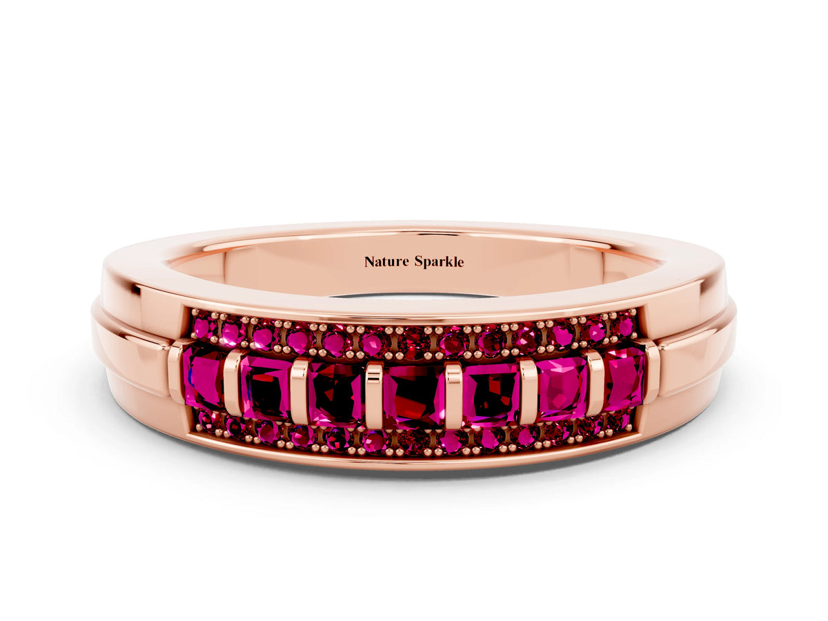 Princess Cut Garnet Bar-Set Pavé Band in Rose gold with Grooved Edge Detailing