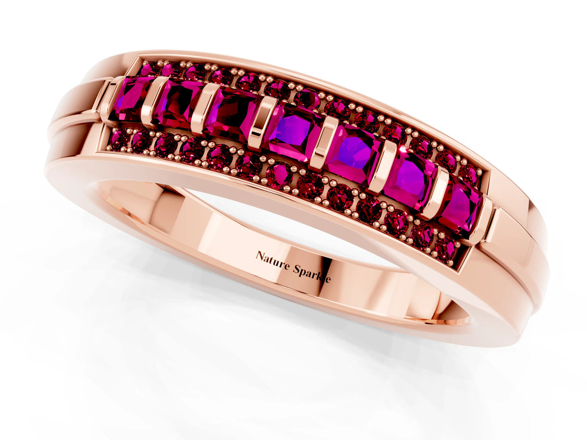 Princess Cut Garnet Bar-Set Pavé Band in Rose gold with Grooved Edge Detailing_1