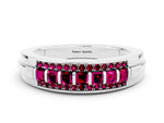 Princess Cut Garnet Bar-Set Pavé Band in Silver with Grooved Edge Detailing