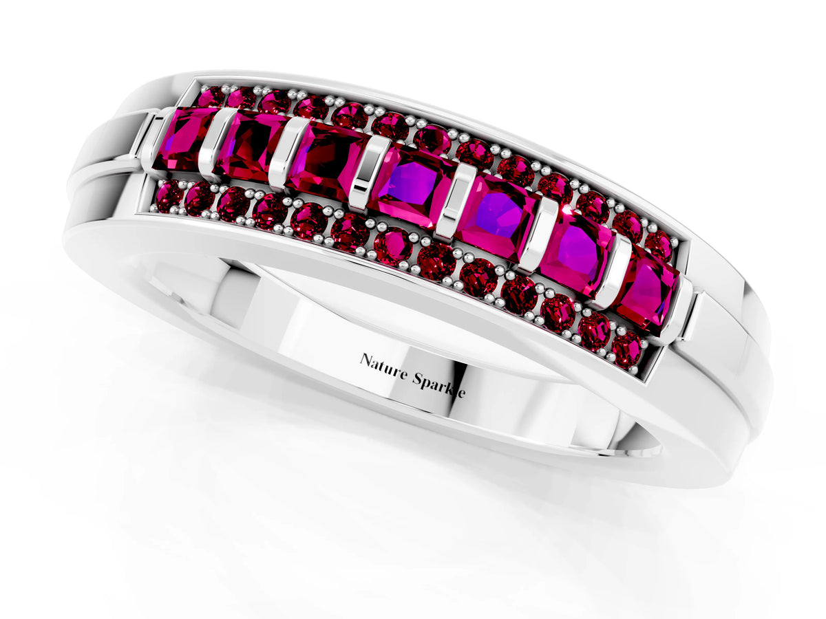Princess Cut Garnet Bar-Set Pavé Band in Silver with Grooved Edge Detailing_1