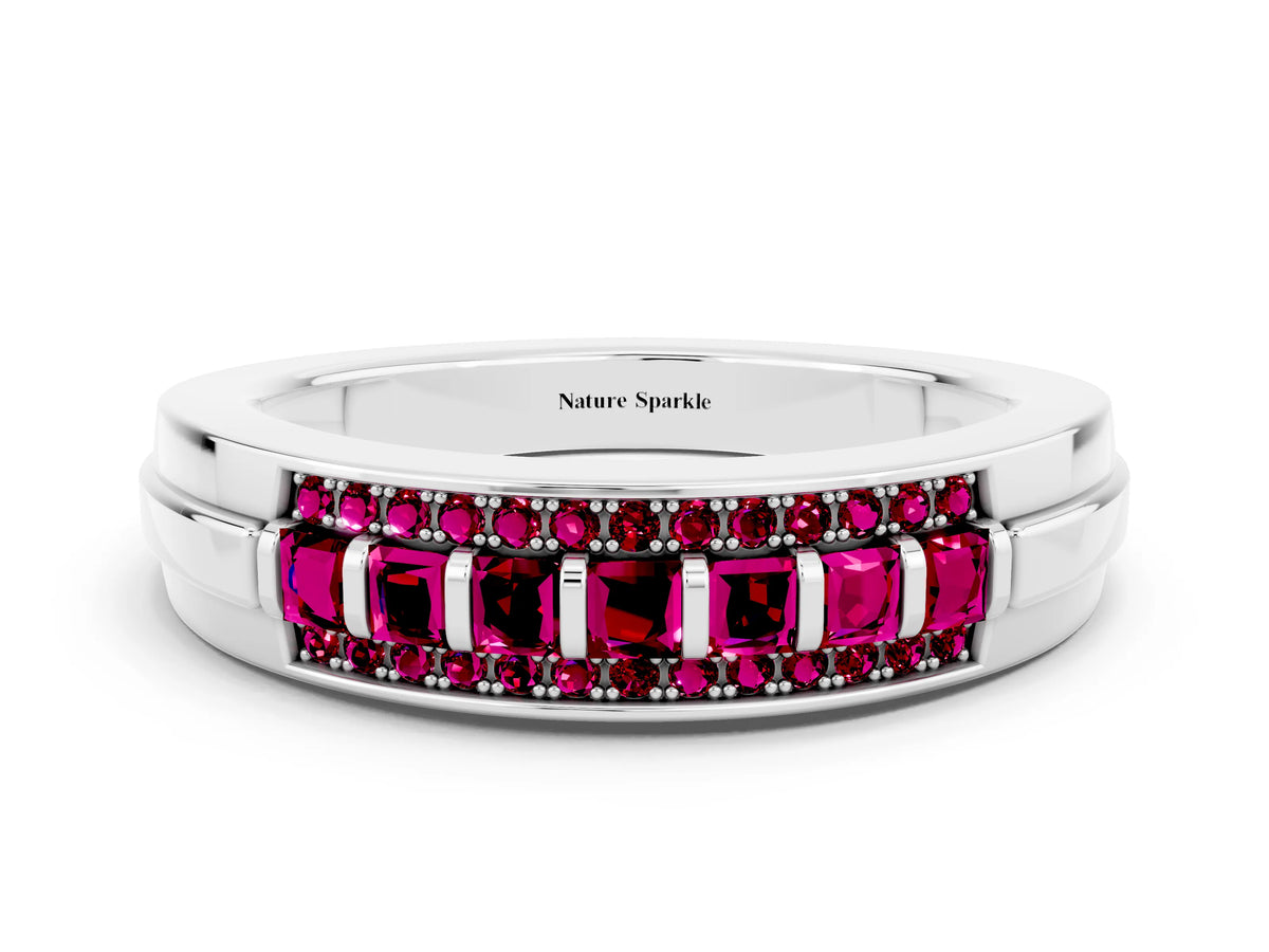Princess Cut Garnet Bar-Set Pavé Band in White gold with Grooved Edge Detailing
