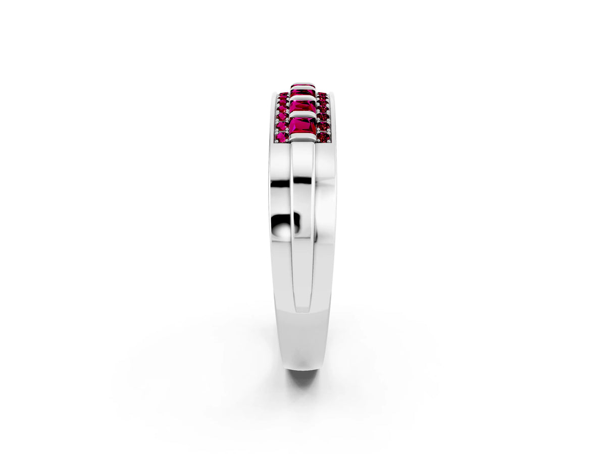 Princess Cut Garnet Bar-Set Pavé Band in White gold with Grooved Edge Detailing_2