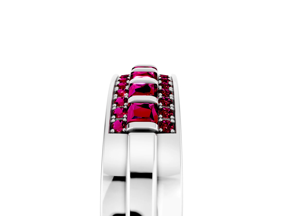 Princess Cut Garnet Bar-Set Pavé Band in White gold with Grooved Edge Detailing_5