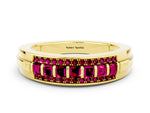 Princess Cut Garnet Bar-Set Pavé Band in Yellow gold with Grooved Edge Detailing