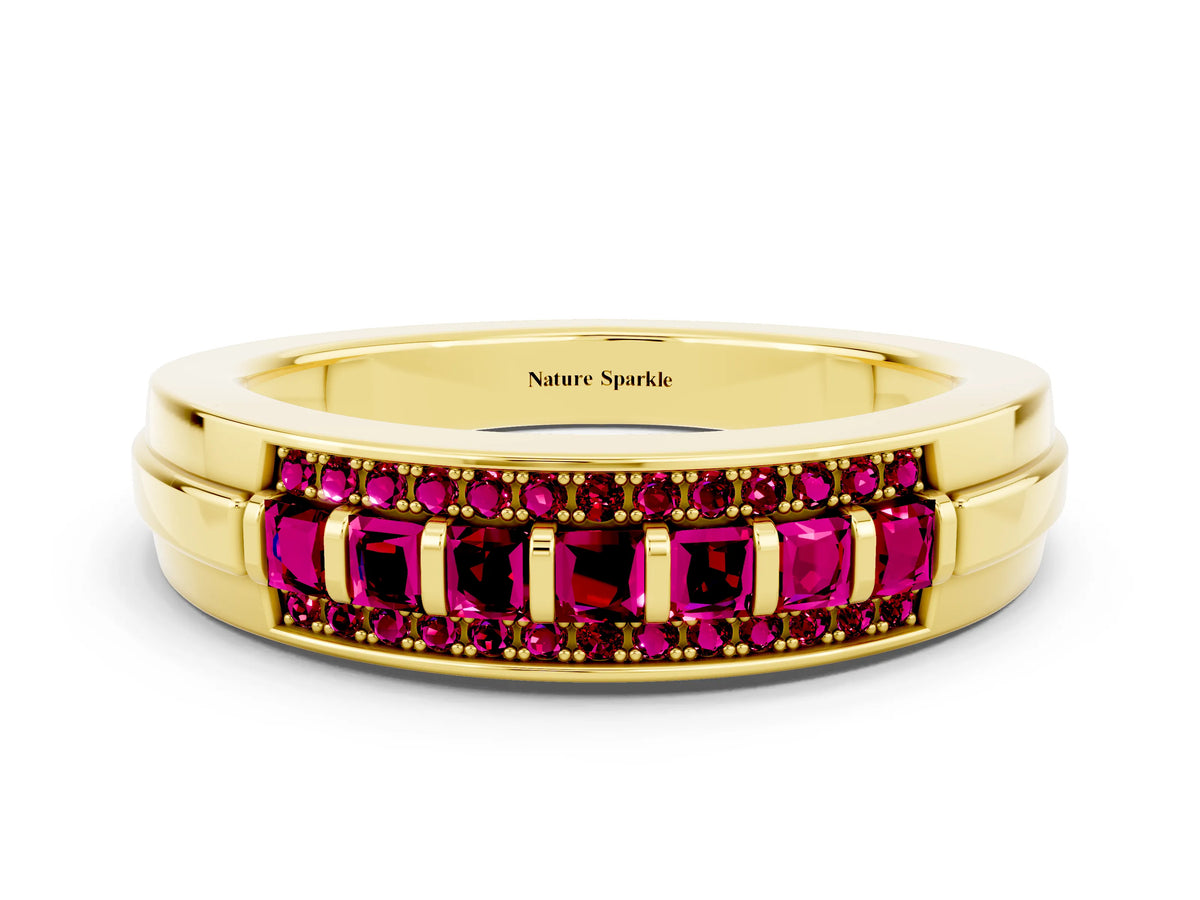 Princess Cut Garnet Bar-Set Pavé Band in Yellow gold with Grooved Edge Detailing