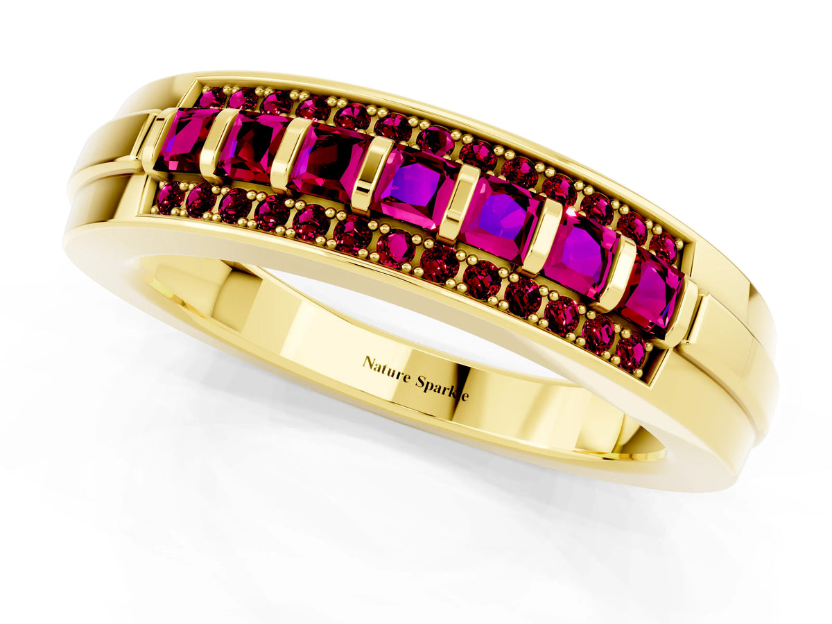 Princess Cut Garnet Bar-Set Pavé Band in Yellow gold with Grooved Edge Detailing_1