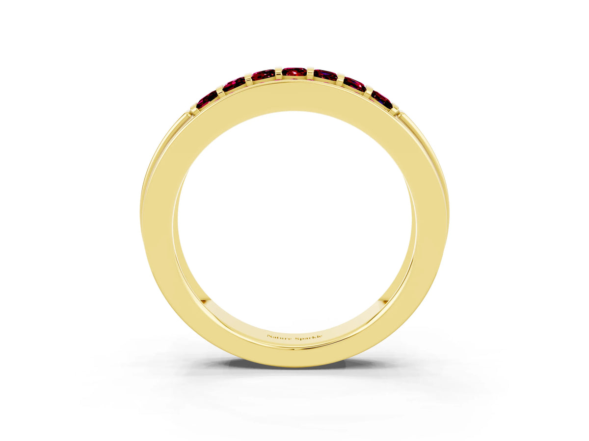 Princess Cut Garnet Bar-Set Pavé Band in Yellow gold with Grooved Edge Detailing_3