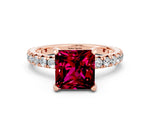 Princess Cut Garnet Pavé Solitaire Ring in Rose gold with Round Pavé Band and Prong Setting