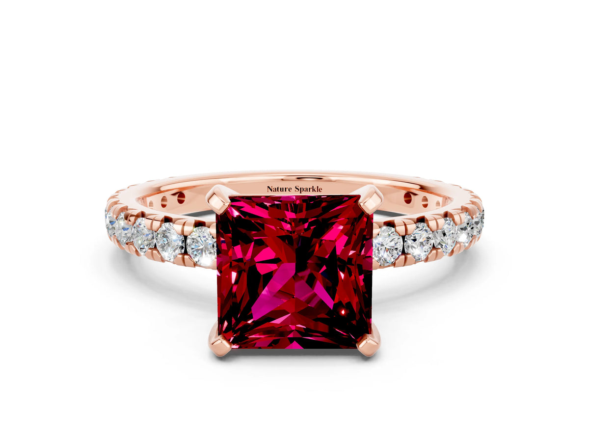 Princess Cut Garnet Pavé Solitaire Ring in Rose gold with Round Pavé Band and Prong Setting
