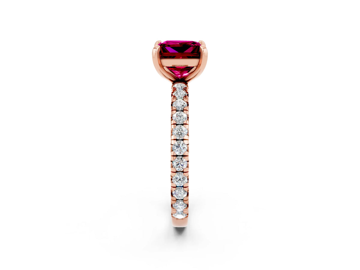 Princess Cut Garnet Pavé Solitaire Ring in Rose gold with Round Pavé Band and Prong Setting_2