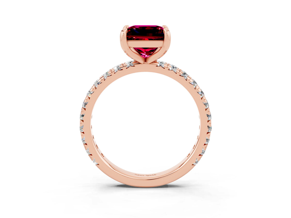 Princess Cut Garnet Pavé Solitaire Ring in Rose gold with Round Pavé Band and Prong Setting_3