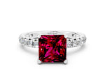 Princess Cut Garnet Pavé Solitaire Ring in White gold with Round Pavé Band and Prong Setting