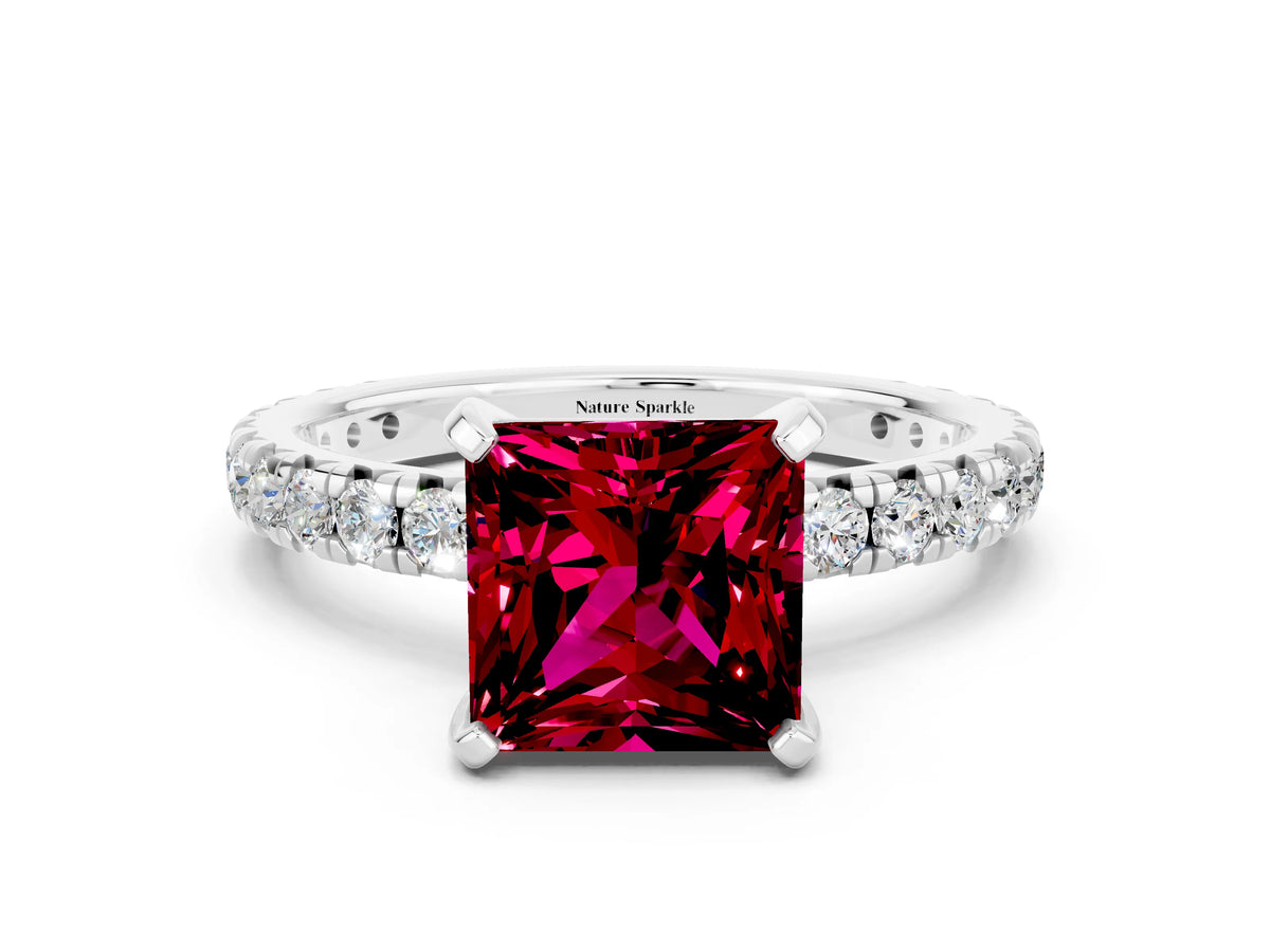 Princess Cut Garnet Pavé Solitaire Ring in White gold with Round Pavé Band and Prong Setting