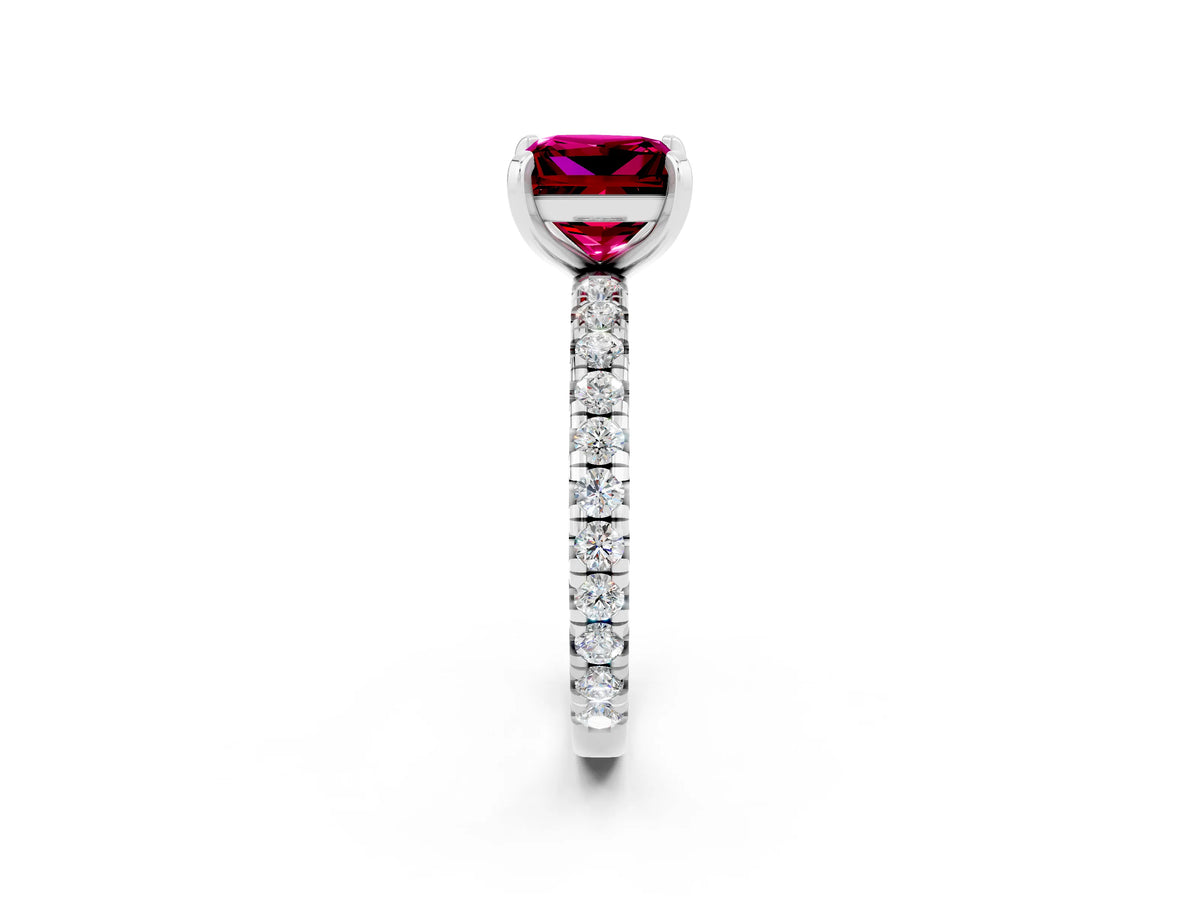 Princess Cut Garnet Pavé Solitaire Ring in White gold with Round Pavé Band and Prong Setting_2
