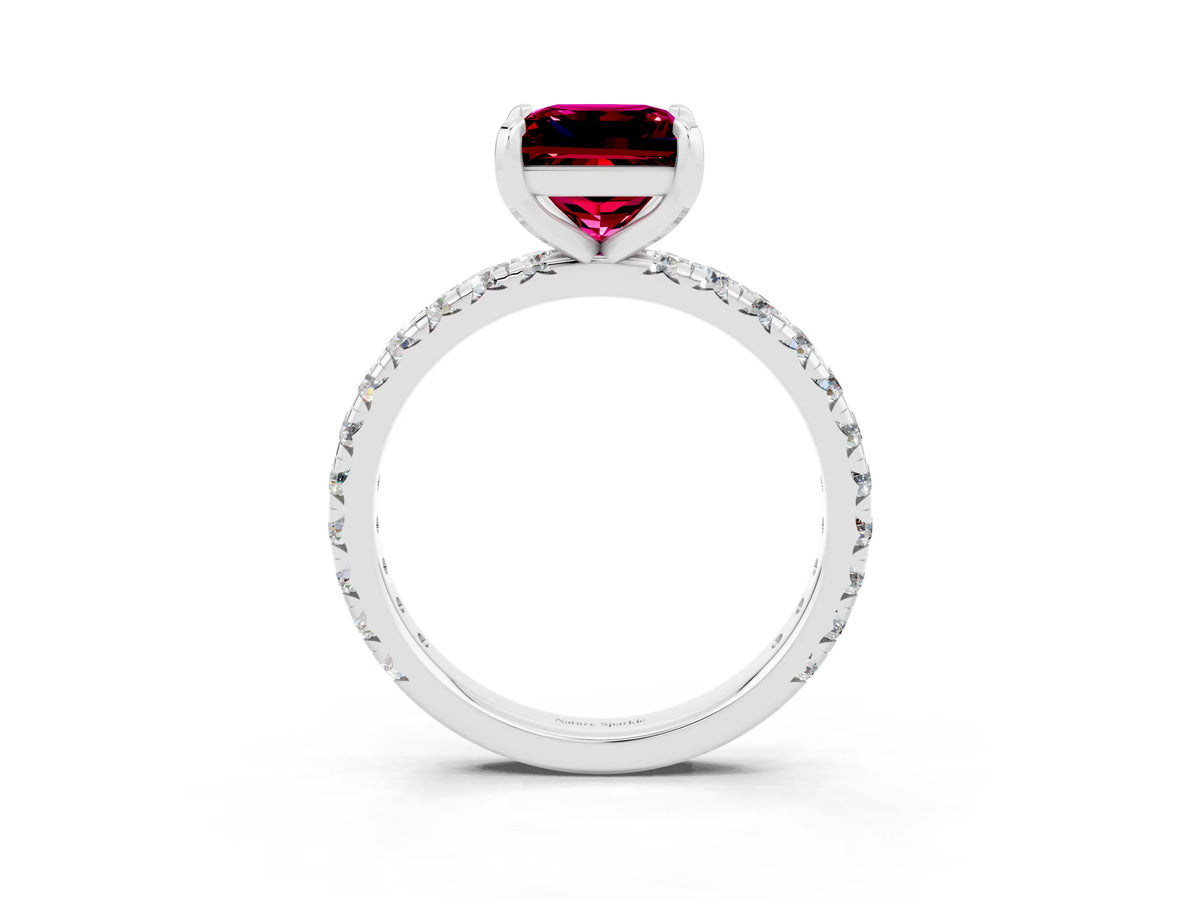 Princess Cut Garnet Pavé Solitaire Ring in White gold with Round Pavé Band and Prong Setting_3