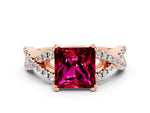Princess Cut Garnet Solitaire Ring in Rose gold with Interwoven Pavé Band and Prong Setting