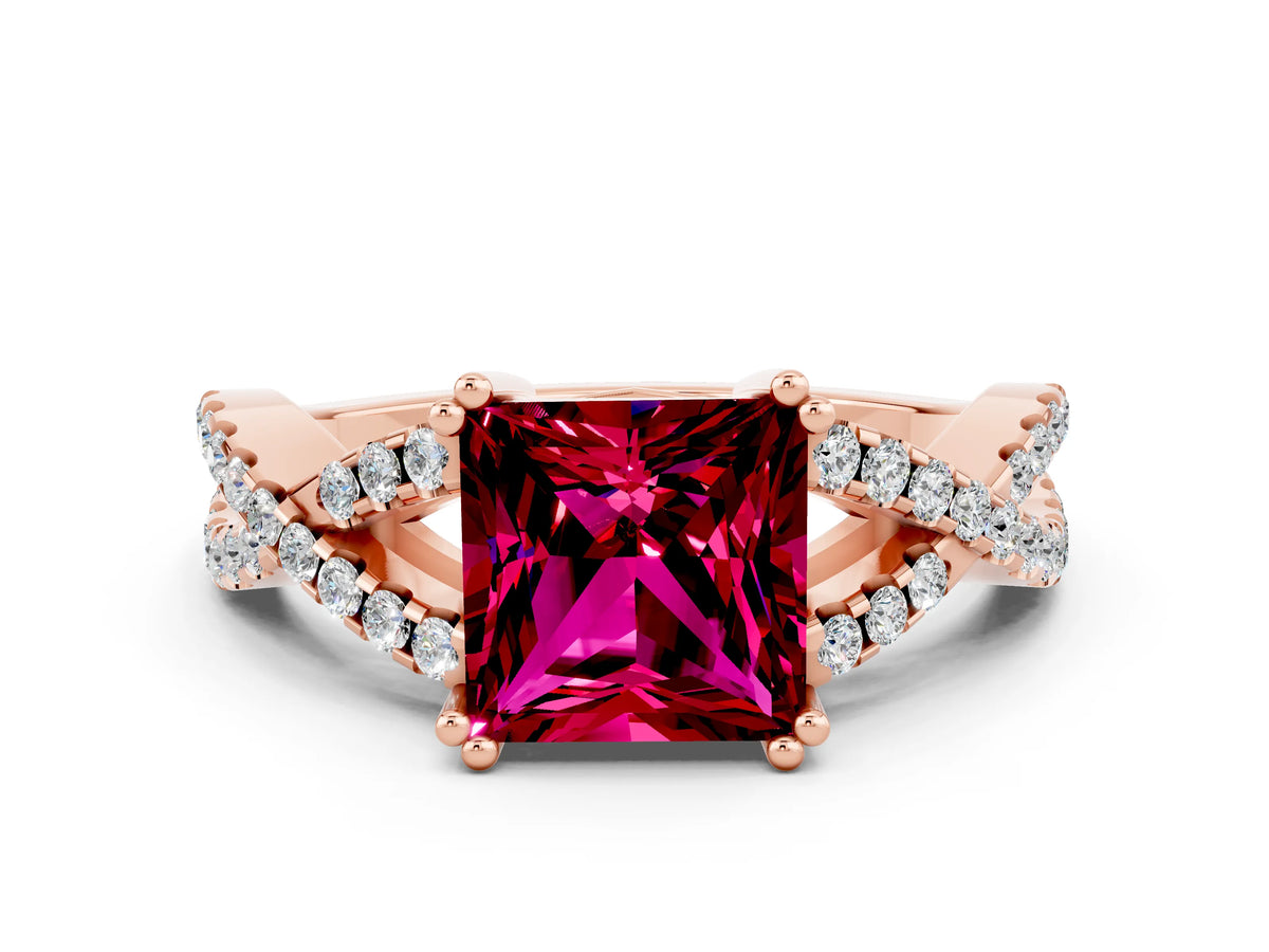 Princess Cut Garnet Solitaire Ring in Rose gold with Interwoven Pavé Band and Prong Setting