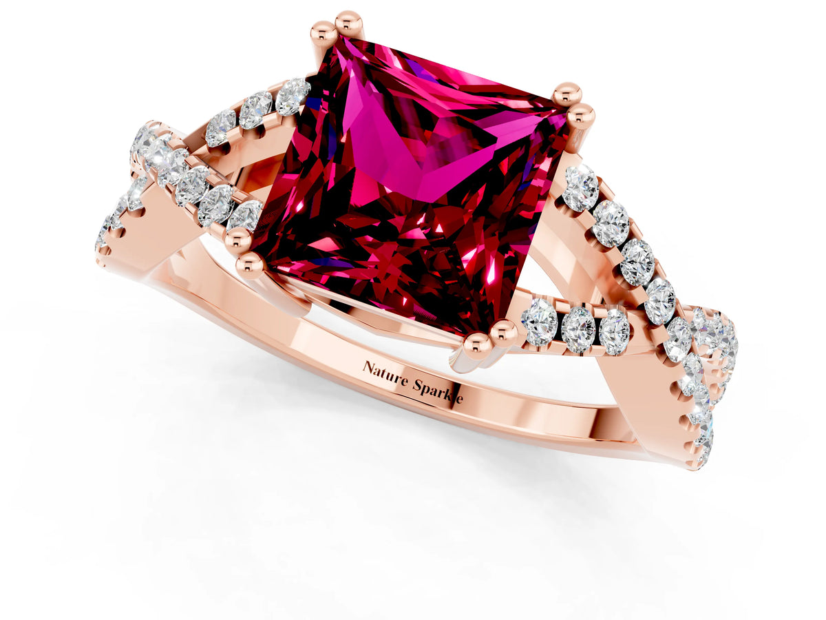 Princess Cut Garnet Solitaire Ring in Rose gold with Interwoven Pavé Band and Prong Setting_1