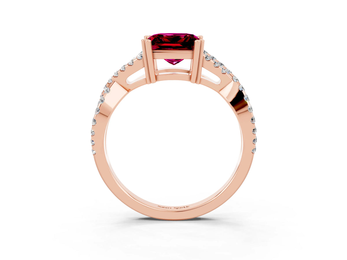 Princess Cut Garnet Solitaire Ring in Rose gold with Interwoven Pavé Band and Prong Setting_3