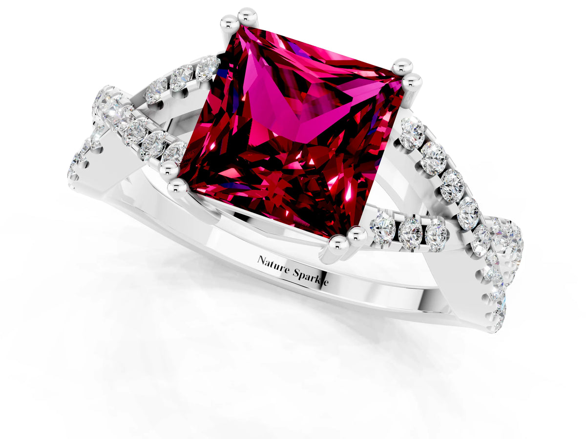 Princess Cut Garnet Solitaire Ring in Silver with Interwoven Pavé Band and Prong Setting_7