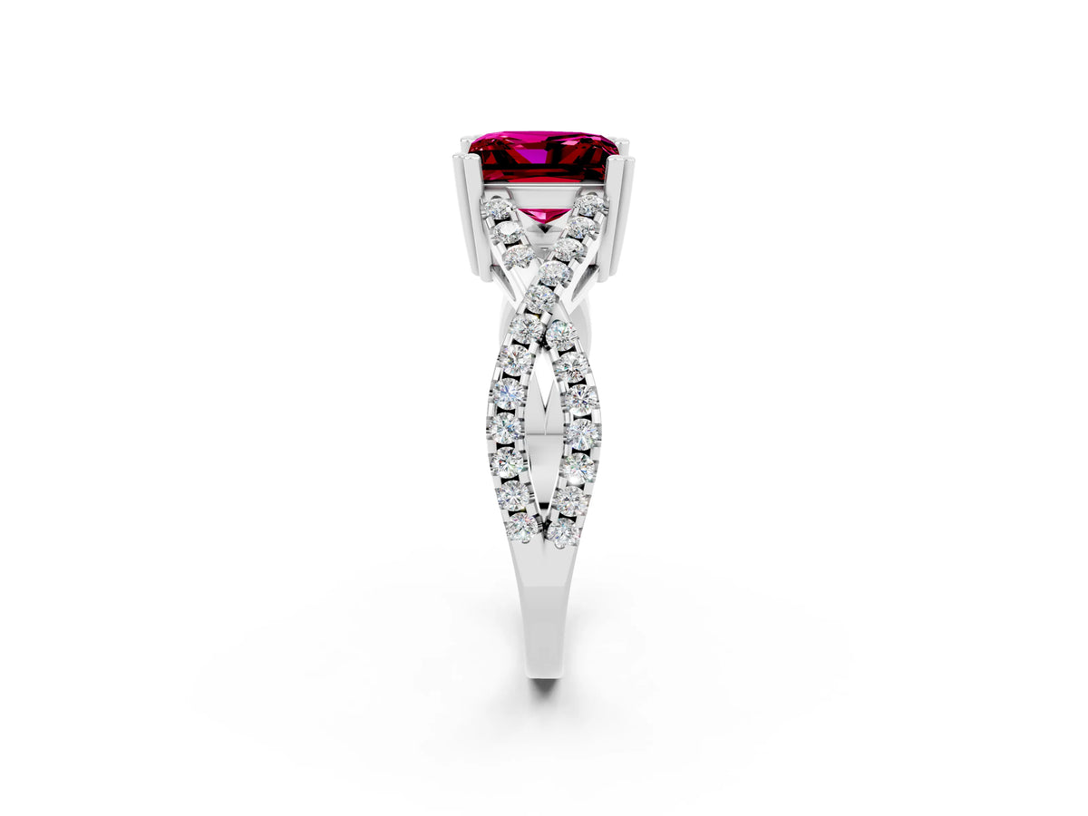 Princess Cut Garnet Solitaire Ring in Silver with Interwoven Pavé Band and Prong Setting_8