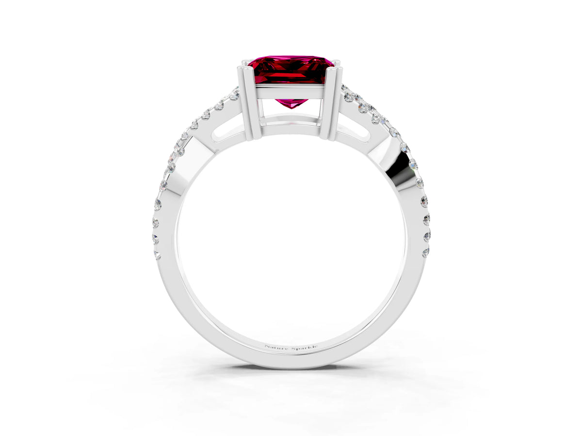 Princess Cut Garnet Solitaire Ring in White gold with Interwoven Pavé Band and Prong Setting_3