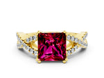 Princess Cut Garnet Solitaire Ring in Yellow gold with Interwoven Pavé Band and Prong Setting