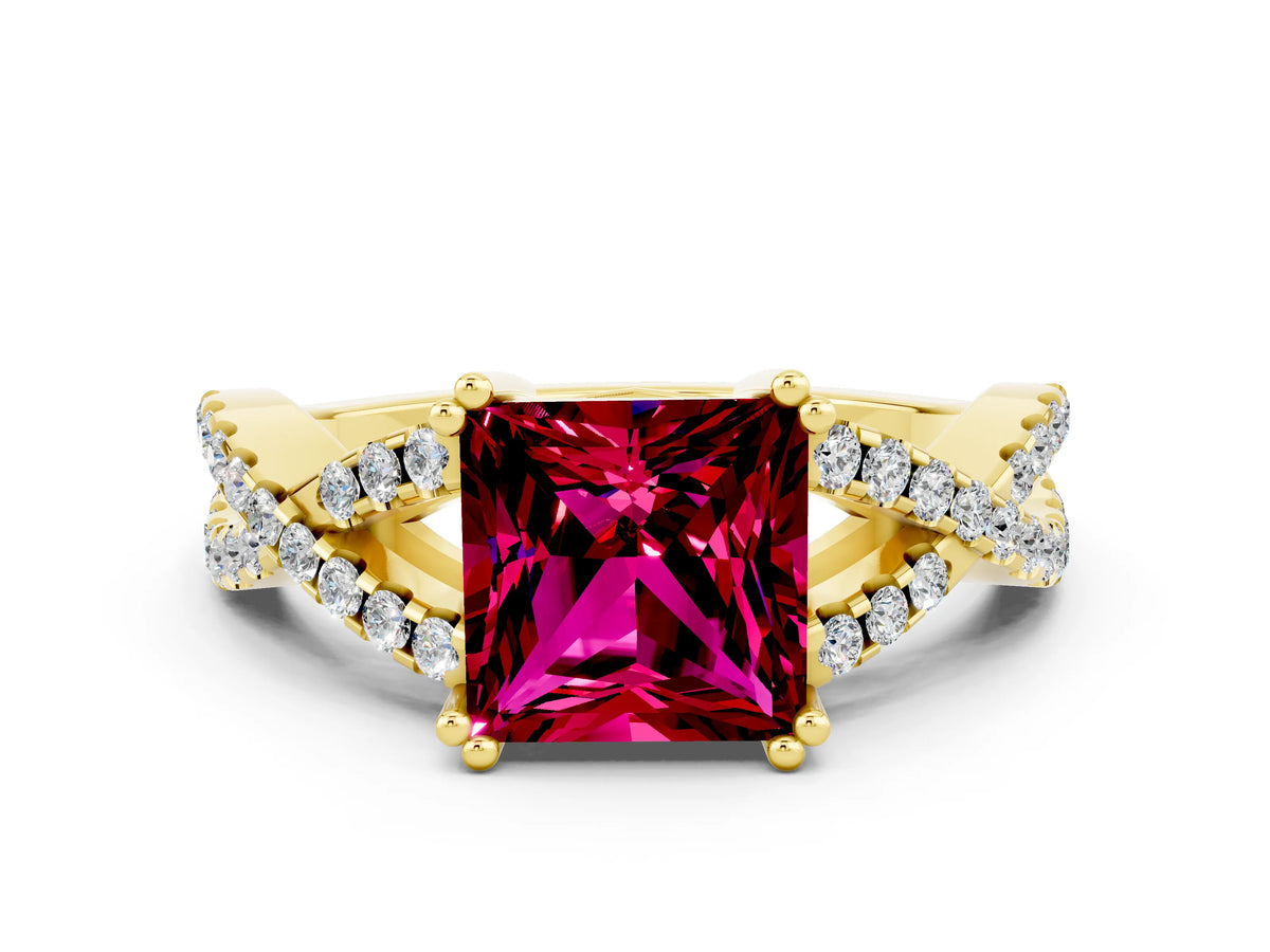Princess Cut Garnet Solitaire Ring in Yellow gold with Interwoven Pavé Band and Prong Setting