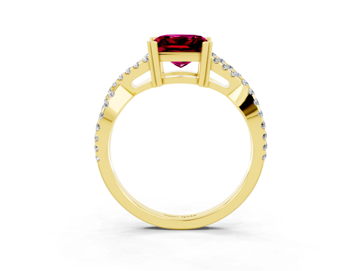 Princess Cut Garnet Solitaire Ring in Yellow gold with Interwoven Pavé Band and Prong Setting_3