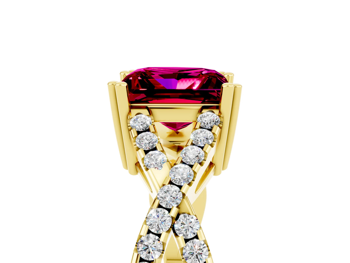 Princess Cut Garnet Solitaire Ring in Yellow gold with Interwoven Pavé Band and Prong Setting_5