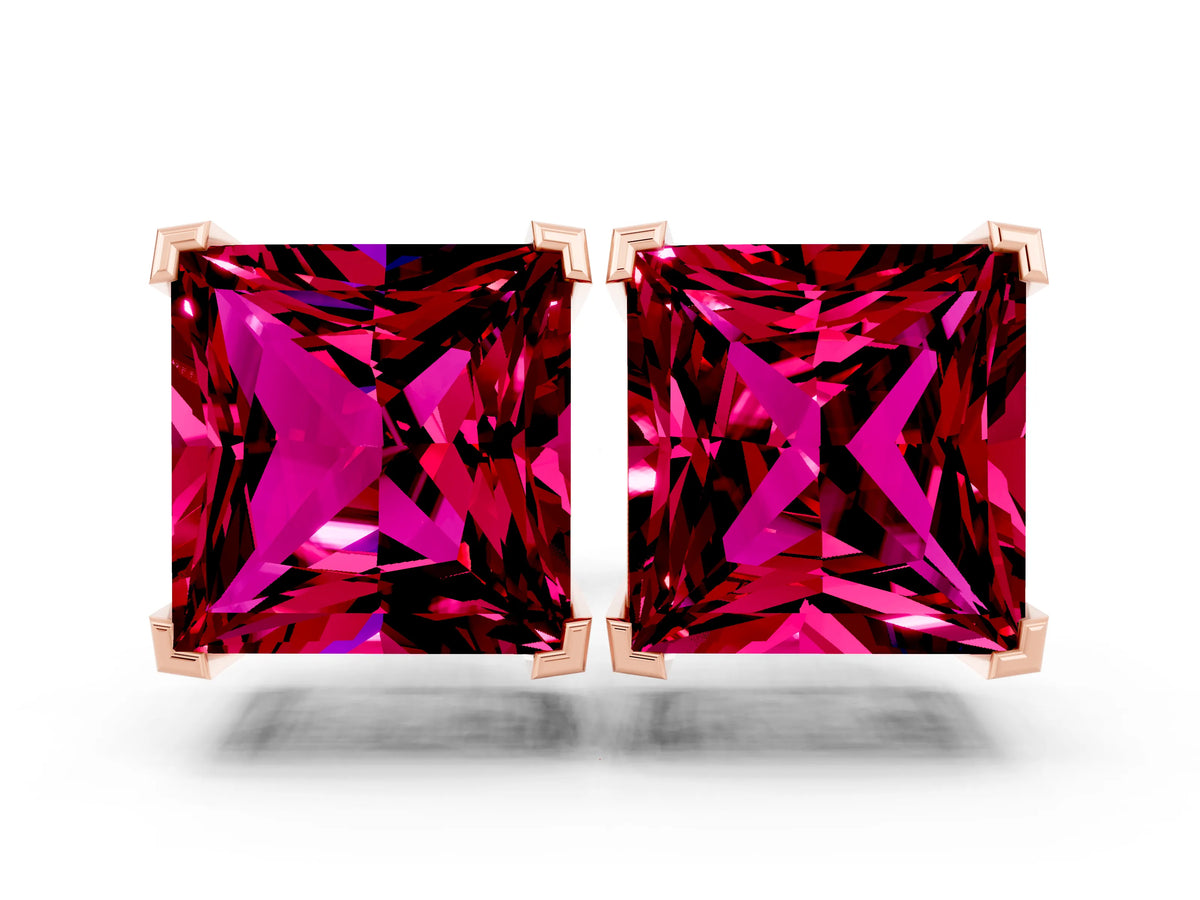 Princess Cut Garnet Stud Earrings in Rose gold with Basket Setting