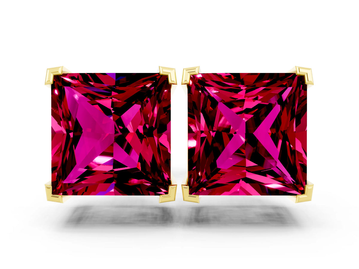 Princess Cut Garnet Stud Earrings in Yellow gold with Basket Setting