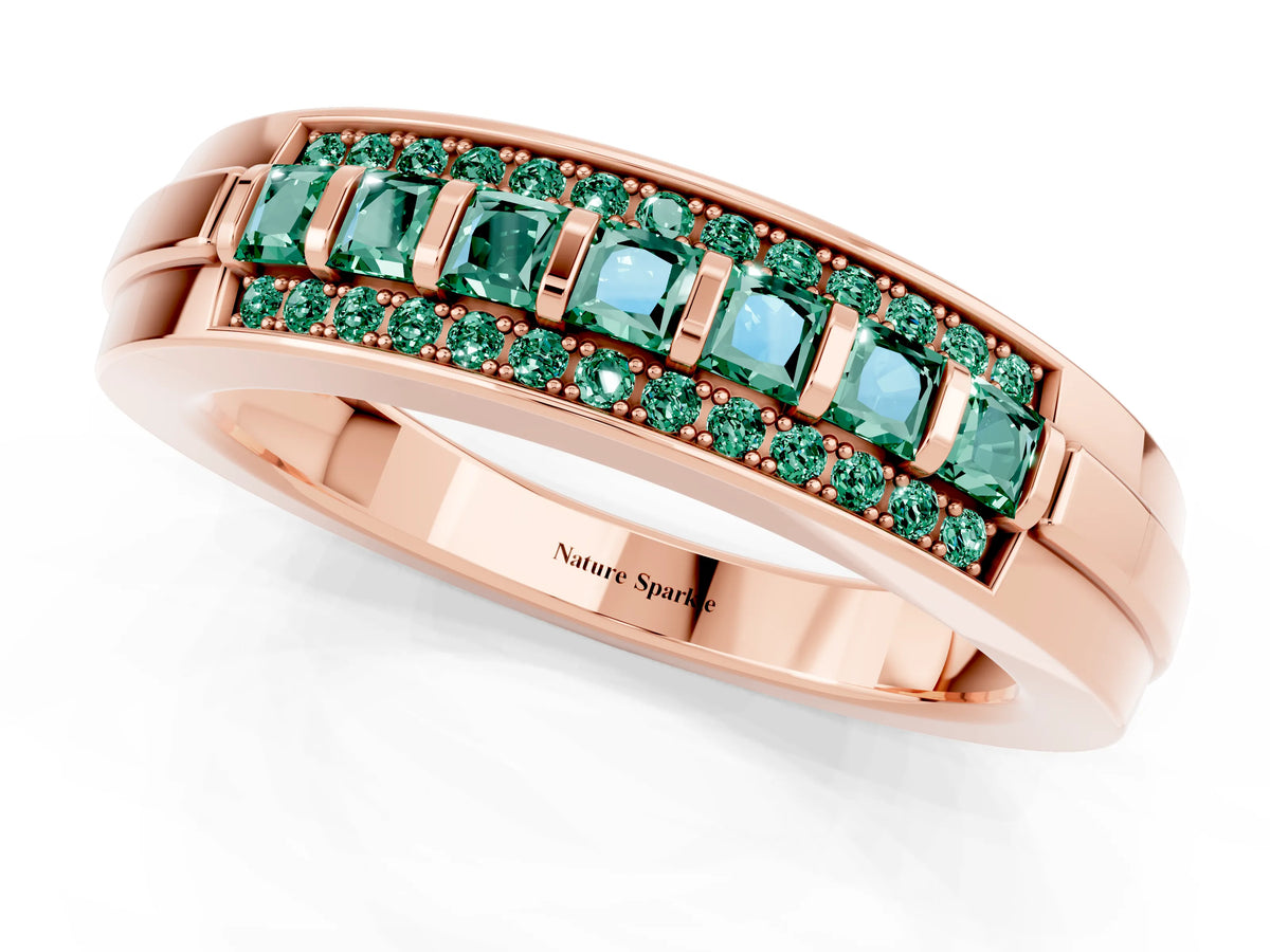 Princess Cut Green Sapphire Bar-Set Pavé Band in Rose gold with Grooved Edge Detailing_1