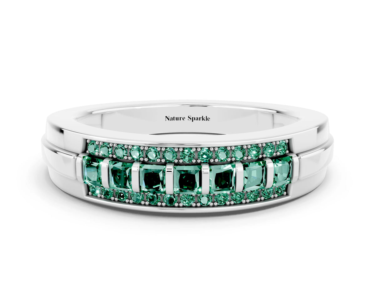 Princess Cut Green Sapphire Bar-Set Pavé Band in Silver with Grooved Edge Detailing