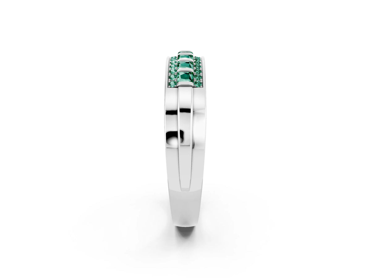 Princess Cut Green Sapphire Bar-Set Pavé Band in White gold with Grooved Edge Detailing_2