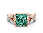 Princess Cut Green Sapphire Solitaire Ring in Rose gold with Interwoven Pavé Band and Prong Setting