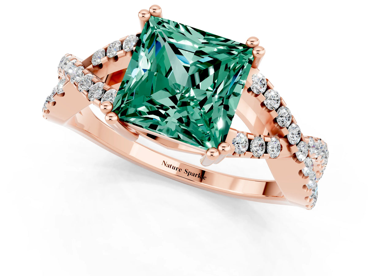 Princess Cut Green Sapphire Solitaire Ring in Rose gold with Interwoven Pavé Band and Prong Setting_1