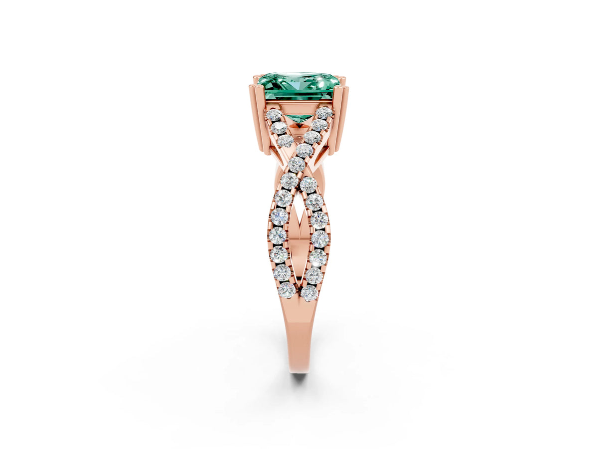 Princess Cut Green Sapphire Solitaire Ring in Rose gold with Interwoven Pavé Band and Prong Setting_2