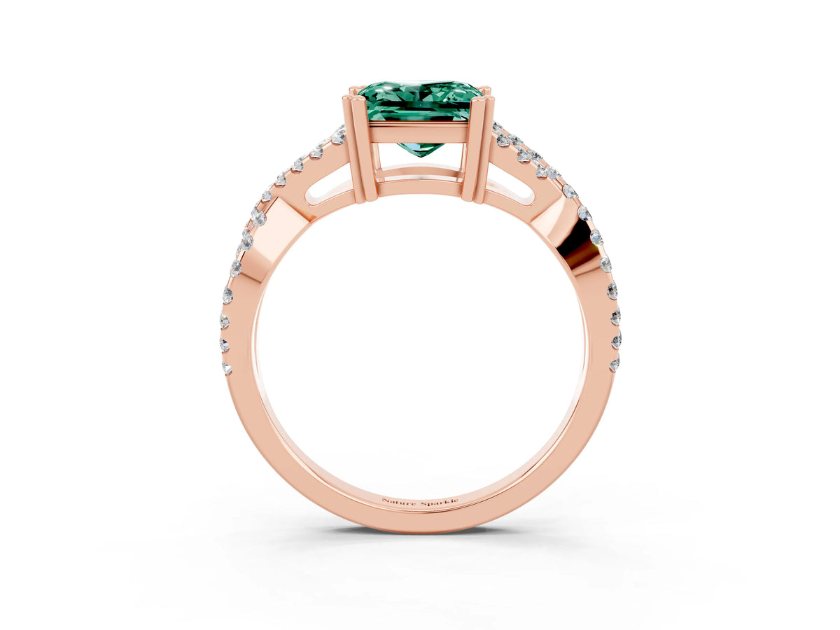 Princess Cut Green Sapphire Solitaire Ring in Rose gold with Interwoven Pavé Band and Prong Setting_3