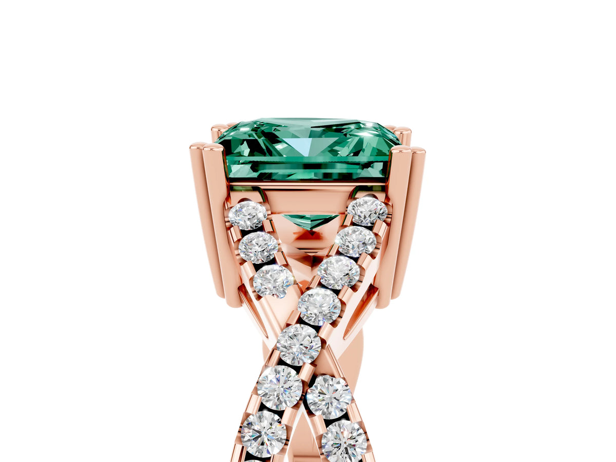 Princess Cut Green Sapphire Solitaire Ring in Rose gold with Interwoven Pavé Band and Prong Setting_5