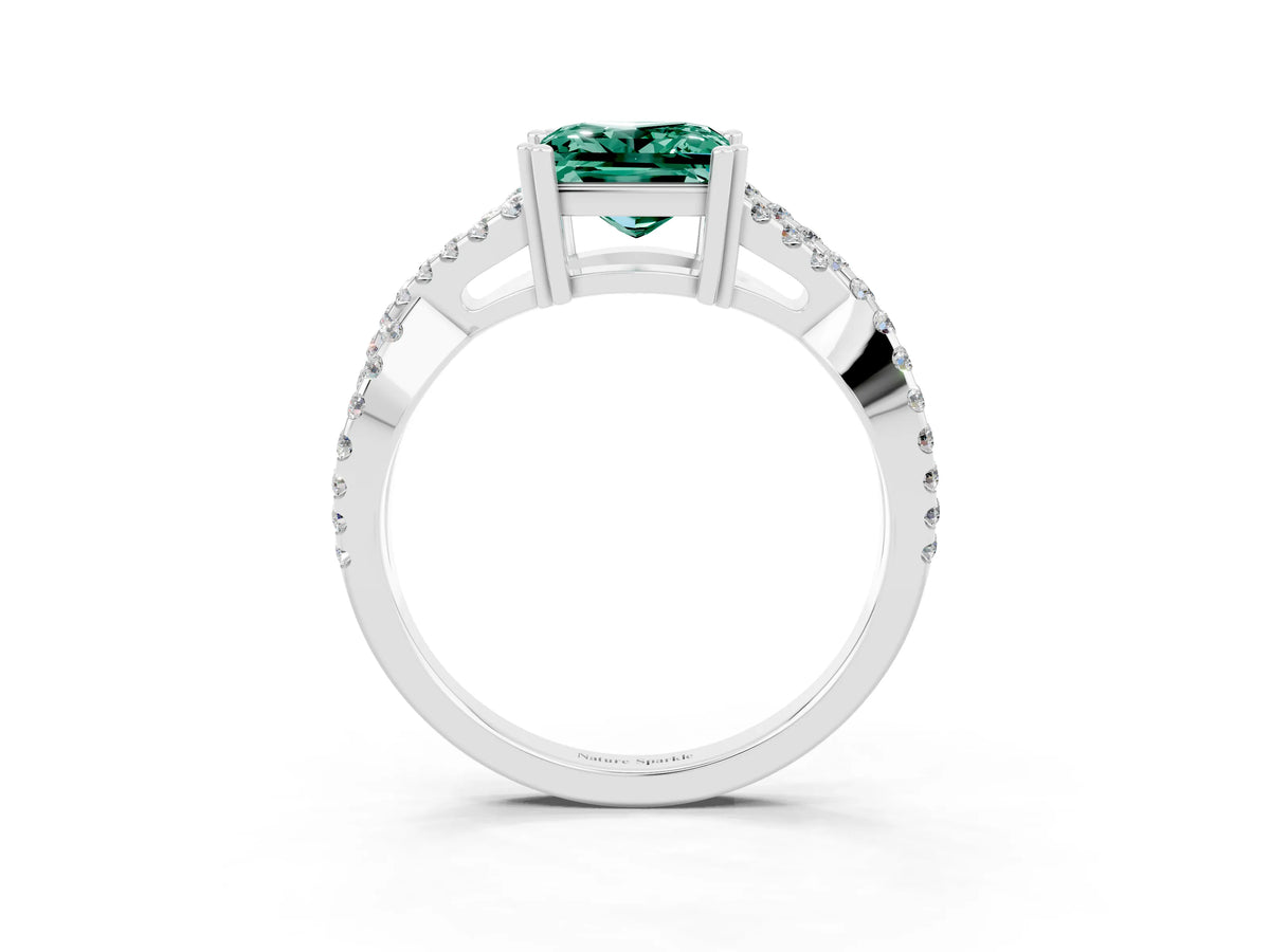 Princess Cut Green Sapphire Solitaire Ring in Silver with Interwoven Pavé Band and Prong Setting_9