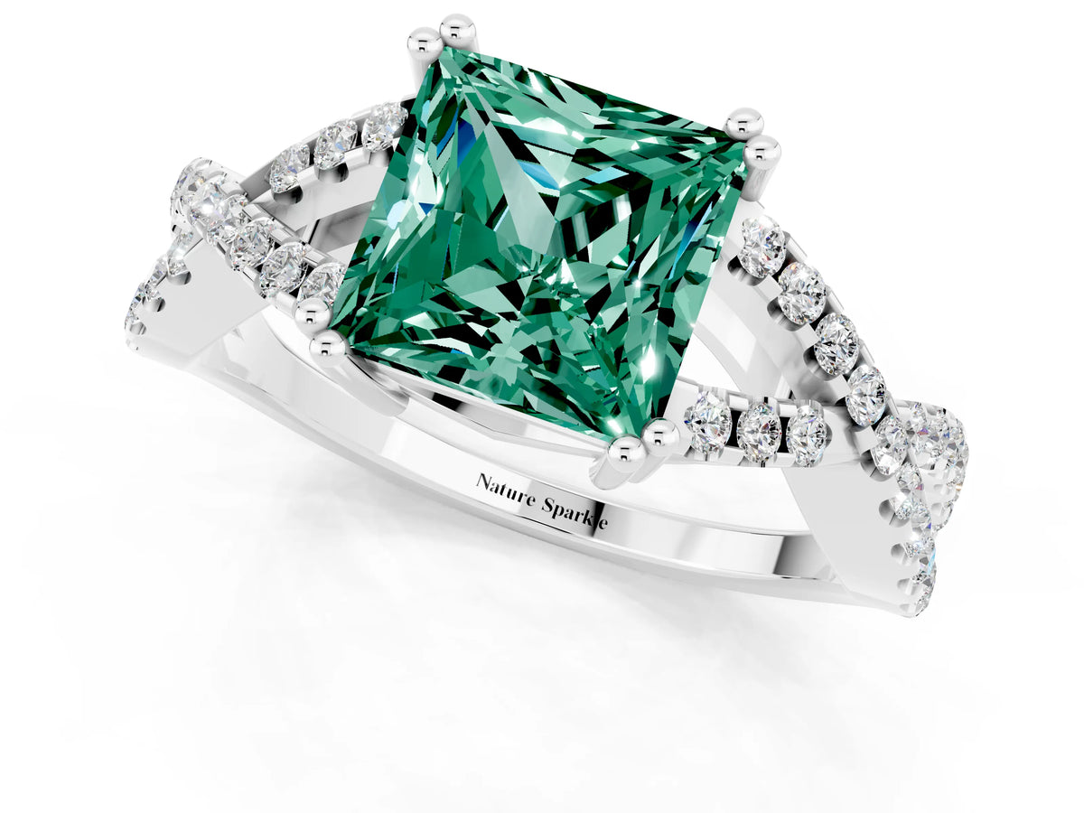 Princess Cut Green Sapphire Solitaire Ring in White gold with Interwoven Pavé Band and Prong Setting_1