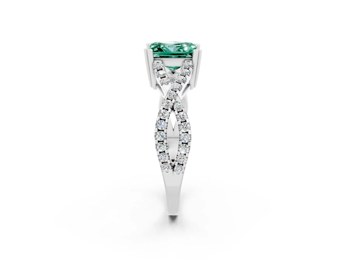 Princess Cut Green Sapphire Solitaire Ring in White gold with Interwoven Pavé Band and Prong Setting_2